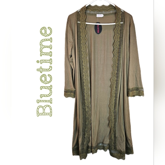 Bluetime Womens Green Long Line Open Front Lace Trim Cardigan Sz M=8/10 - Picture 1 of 11